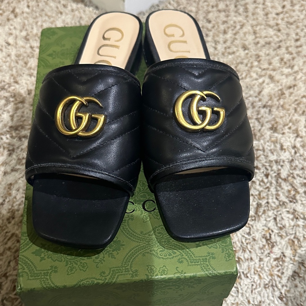 Gucci Black Quilted Marmont Slide Mules with Gold Double G